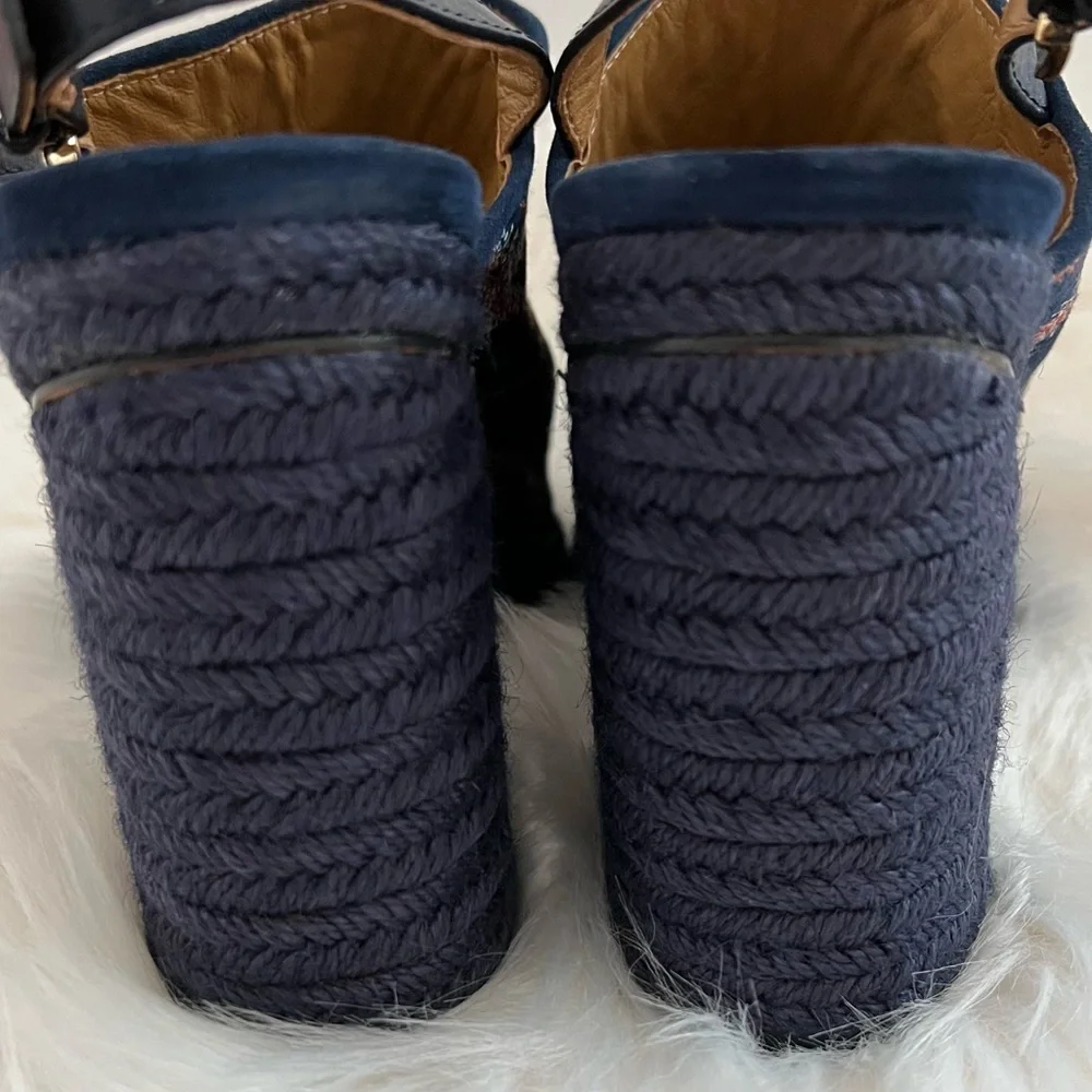 NEW Tory Burch Trinity Embroidered Navy Espadrille Heeled Slingback Sandal